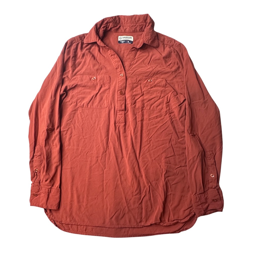 Magellan Shirt Womens Medium Orange Classic Fit Button Up Roll Tab Viscose Top